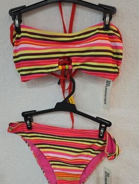 No Boundaries  Neon Stripe Two-Piece Bikini - Pink, Yellow, Brown